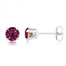925 silver earrings - glittery zircon of purple colour gripped with four prongs