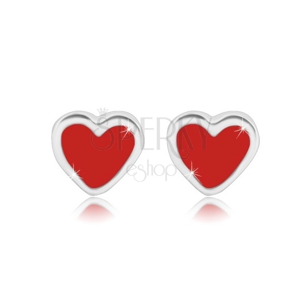 925 silver earrings - symmetric heart with glaze of red colour, studs