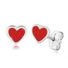 925 silver earrings - symmetric heart with glaze of red colour, studs