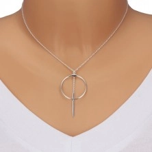 925 silver necklace - chain of oval rings, circle contour and stick on chain