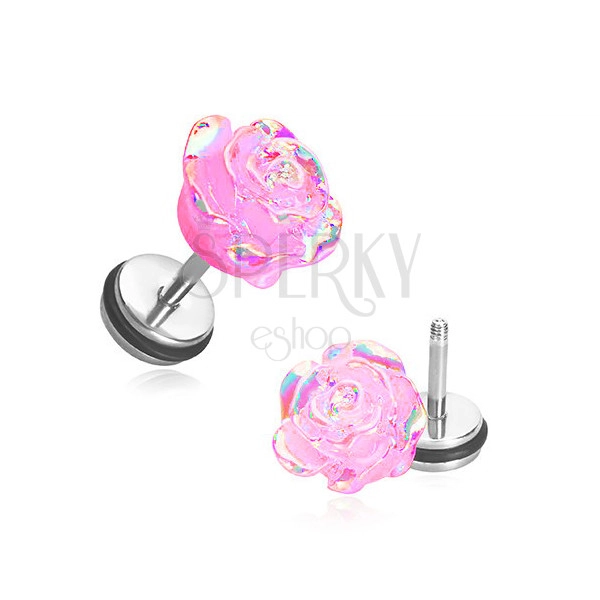 Fake plug made of acrylic - rose in pink colour in bloom with rainbow reflections