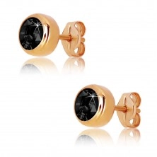 Pink 9K gold earrings - black round zircon, glossy holder, 5 mm