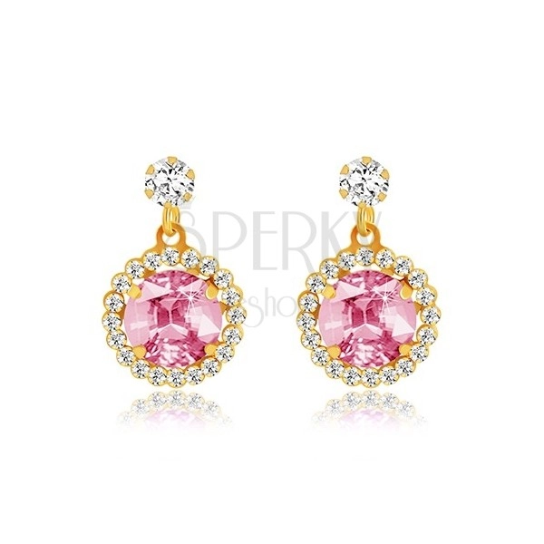 Yellow 375 gold earrings - clear zircon, pink zircon with transparent rim
