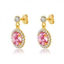 Yellow 375 gold earrings - clear zircon, pink zircon with transparent rim