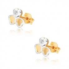Combined 375 gold earrings - two-colour three-leaf, tiny ziron