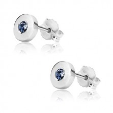 White 375 gold earrings - glossy circle with dark-blue sapphire, 5 mm