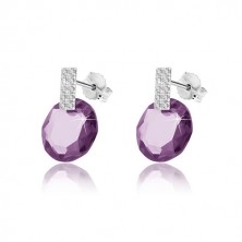 9K white gold earrings - zircon rectangle, round zircon of purple colour