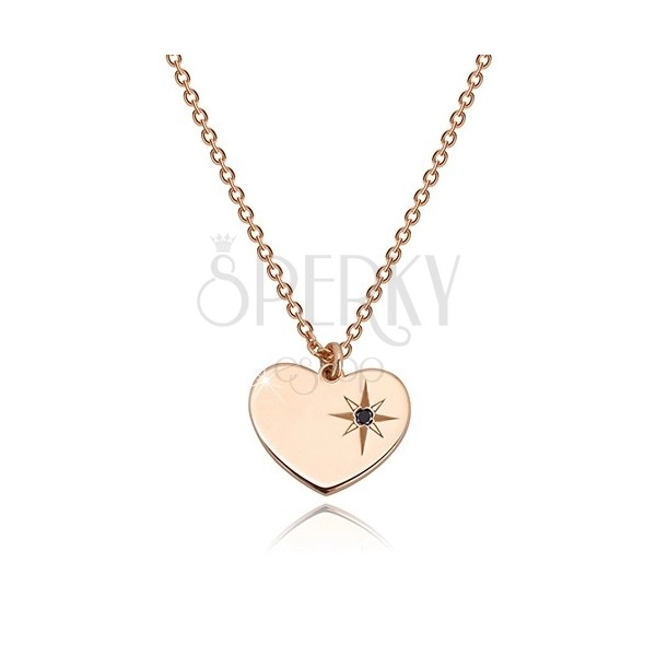 925 silver necklace, pink-gold hue - symmetric heart, Polaris, black diamond