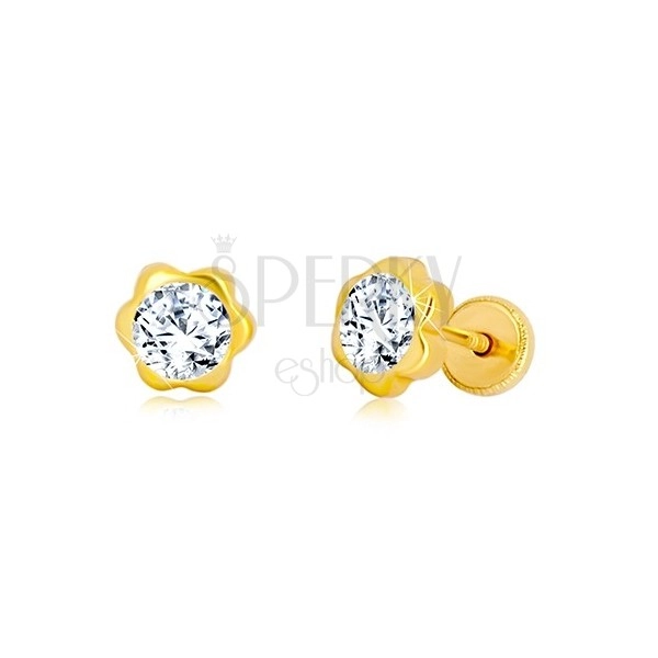 Yellow 585 gold earrings - flower, glittery zircon center, studs with screwbacks