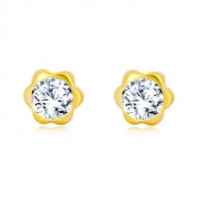 Yellow 585 gold earrings - flower, glittery zircon center, studs with screwbacks