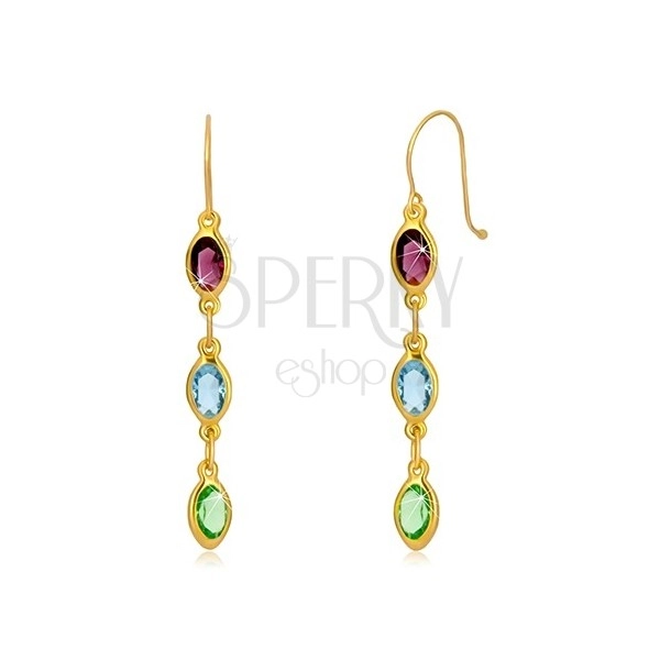 Yellow 375 gold earrings - zircon grains in purple, sky-blue and green hue