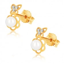 Yellow 375 gold earrings - flower contour with pearl, butterfly with zircons