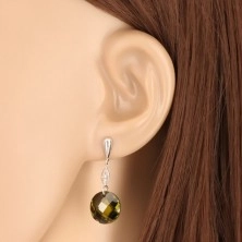 White 9K gold earrings - inverted tear, clear grain, round zircon of dark-green colour