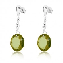 White 9K gold earrings - inverted tear, clear grain, round zircon of dark-green colour