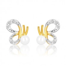 Combined 375 gold earrings - butterfly with carved wings and pearl
