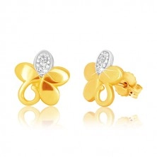 Combined 9K gold earrings - flower with five petals, spiral and zircons