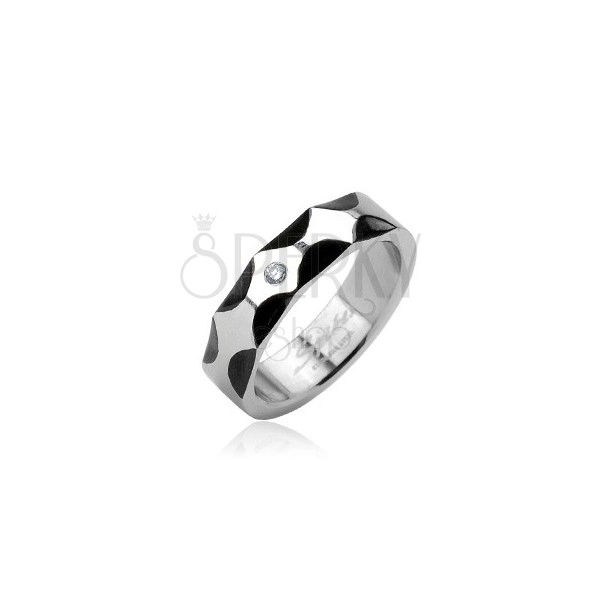 Steel ring - wavy pattern and zircon