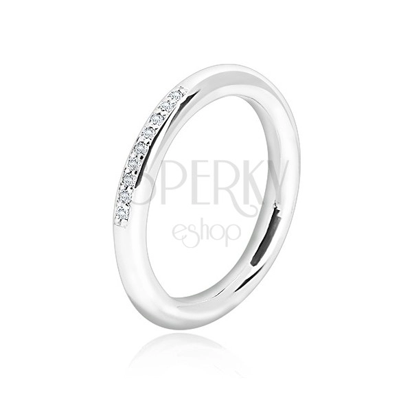 925 silver wedding ring - glossy round surface, line of tiny clear zircons