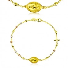 925 silver bracelet of gold colour - three-colour balls, medallion and cross
