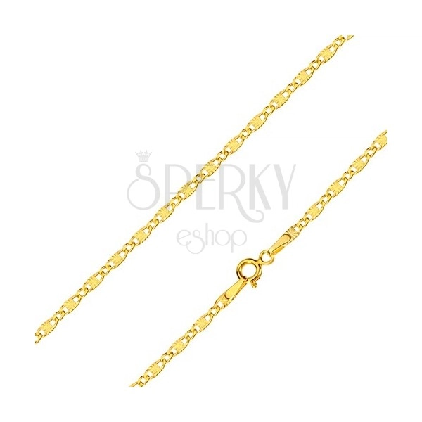 Yellow 585 gold chain - oval rings, oblong rings with stellular motif, 500 mm