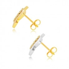 Combined 9K gold earrings - two-colour cross with zircon arch