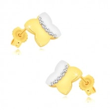 Combined 9K gold earrings - two-colour cross with zircon arch
