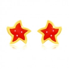 14K gold earrings - star with five points, red glaze and white dots