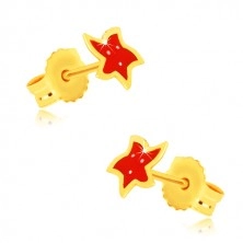 14K gold earrings - star with five points, red glaze and white dots