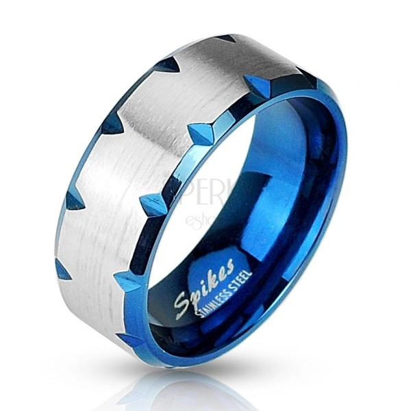 Blue steel ring with cuts on edges