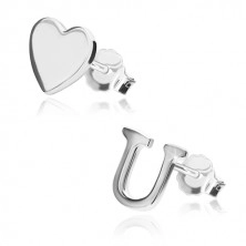 925 silver earrings - glittery heart and letter U, stud fastening