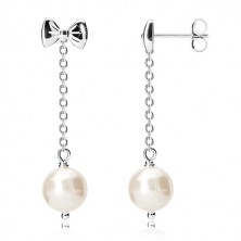 925 siver chain earrings - glossy bow and ball of white colour, studs