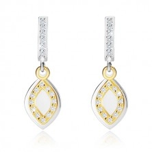 925 silver earrings - vertical zircon line with two leaves of gold and silver colour
