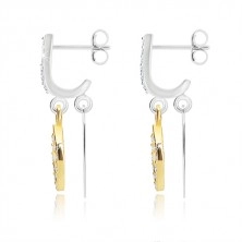 925 silver earrings - vertical zircon line with two leaves of gold and silver colour