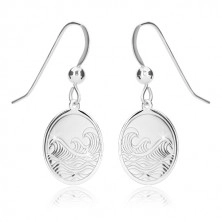925 silver earrings - glossy circle, engraved surface, sea motif