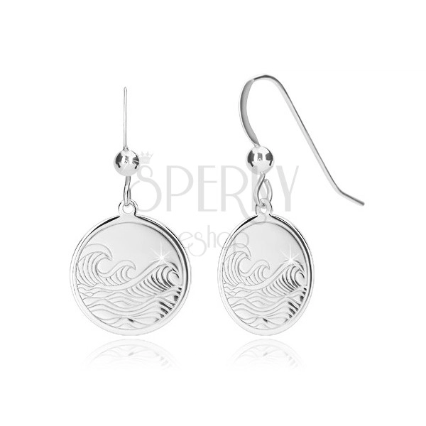925 silver earrings - glossy circle, engraved surface, sea motif