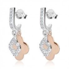 925 silver earrings - zircon line, two four-leaves of various sizes, studs