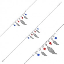Ankle bracelet made of 925 silver - three feather pieces, four balls of red and blue colour