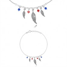 Ankle bracelet made of 925 silver - three feather pieces, four balls of red and blue colour