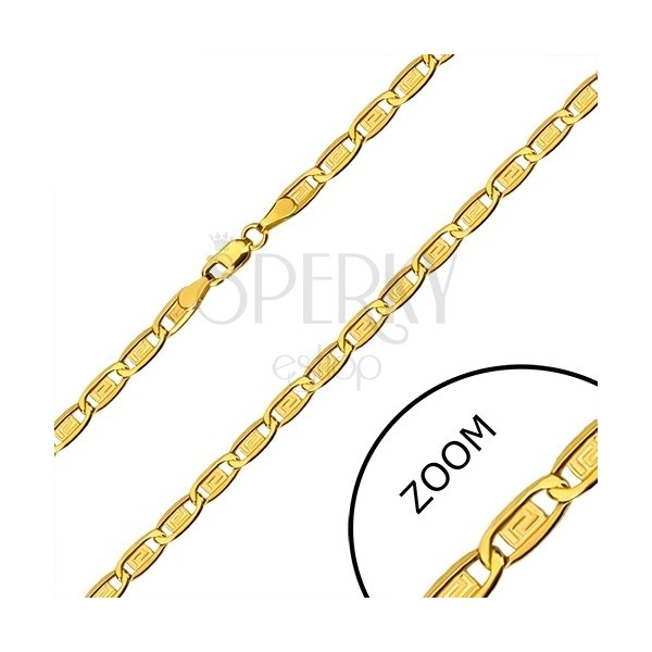 14K gold chain - oblong rings, elements with Greek key, 500 mm