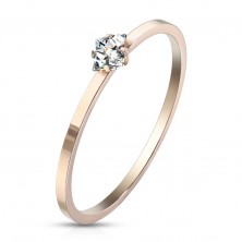 Steel engagement ring of copper colour - clear square zircon, glossy surface