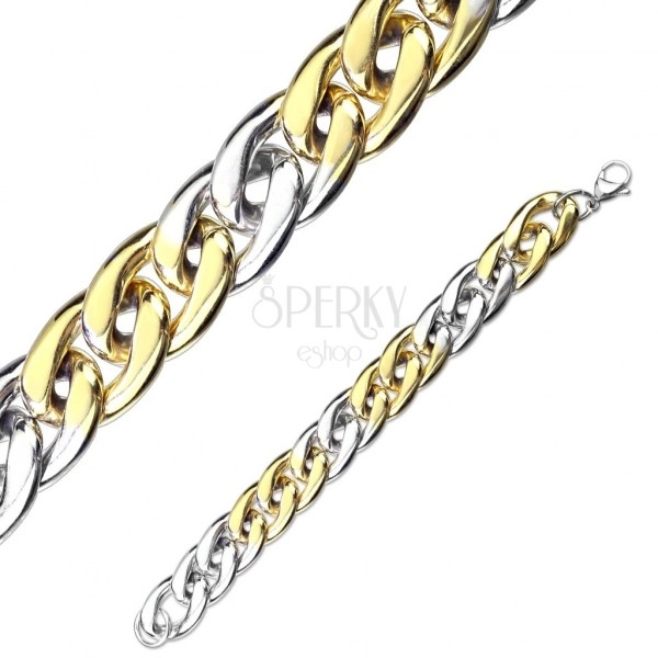 Two-colour steel bracelet - oval rings, lobster claw clasp closure, 15 mm