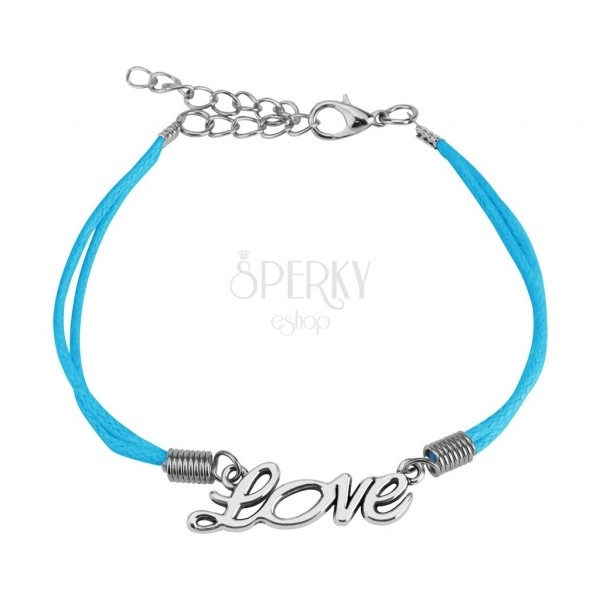 Light blue string bracelet, decorative inscription "Love" of silver colour