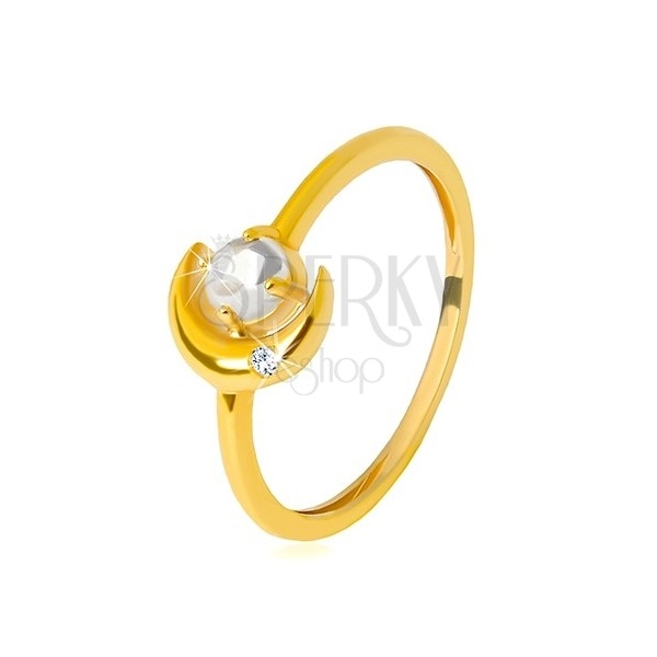 Yellow 9K gold ring - crescent moon with zircon, round zircon shaped as cabochon
