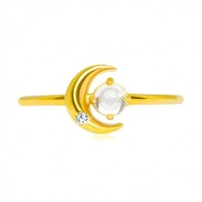 Yellow 9K gold ring - crescent moon with zircon, round zircon shaped as cabochon