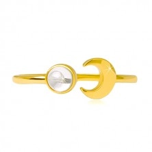 375 gold ring - glossy crescent moon, clear zircon shaped as cabochon