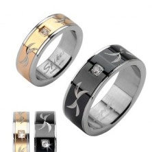 Stainless steel ring - band with zircon and engravings