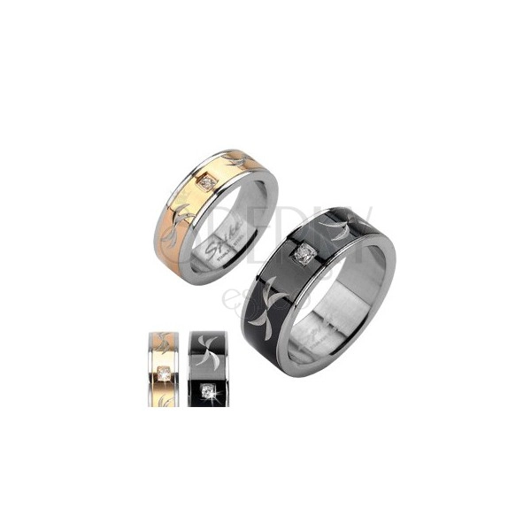Stainless steel ring - band with zircon and engravings