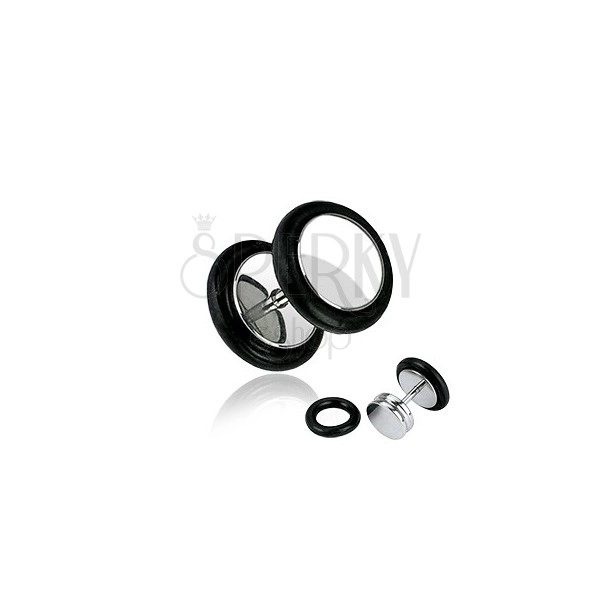 Stainless steel fake plug - glossy round shape, black bands, 8 mm