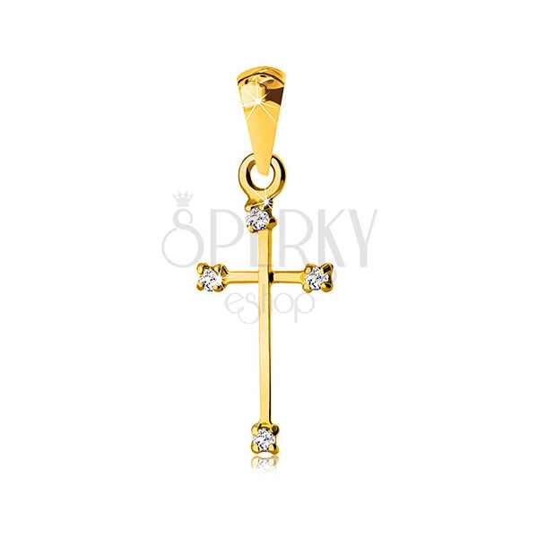 Yellow 14K gold pendant - cross with narrow shoulders and clear zircons