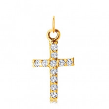 Yellow 585 gold pendant - cross inlaid with glittery clear zircons